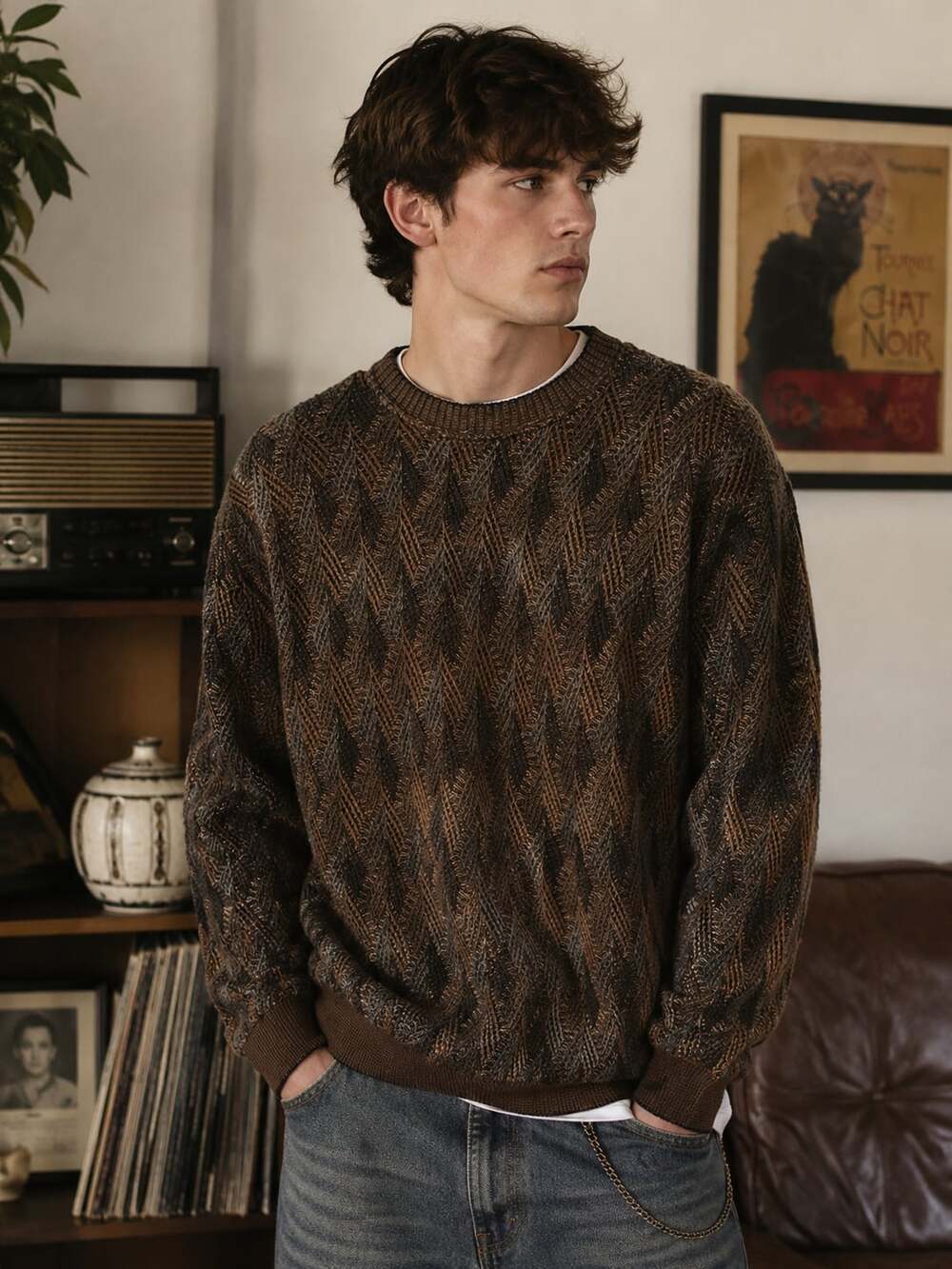Mondo Italy Brown Metallic Textured Knit Sweater Made in Italy Crewneck Oversize